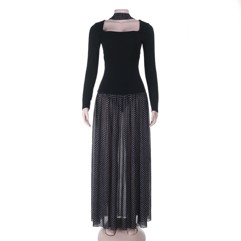 Damen Langärmeliges Maxikleid mit taillierter Silhouette, eckigem Ausschnitt und transparentem Chiffon‑Überrock – Avérine