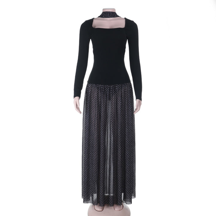 Damen Langärmeliges Maxikleid mit taillierter Silhouette, eckigem Ausschnitt und transparentem Chiffon‑Überrock – Avérine