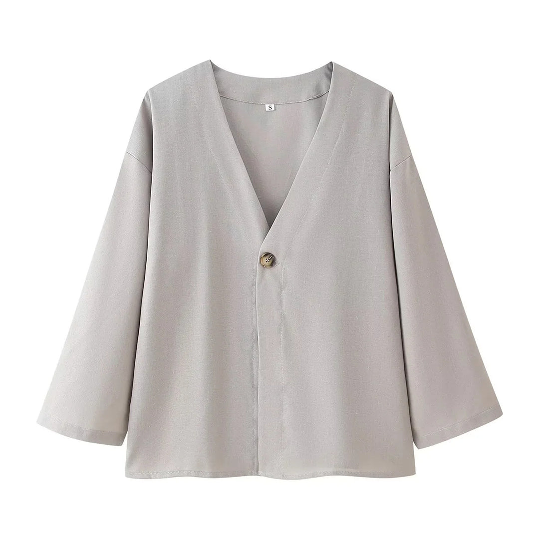 Damen lässiges Zweiteiler-Set mit V‑Ausschnitt Bluse und weitem Bundhose – Élanora