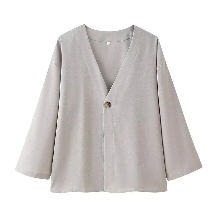 Damen lässiges Zweiteiler-Set mit V‑Ausschnitt Bluse und weitem Bundhose – Élanora