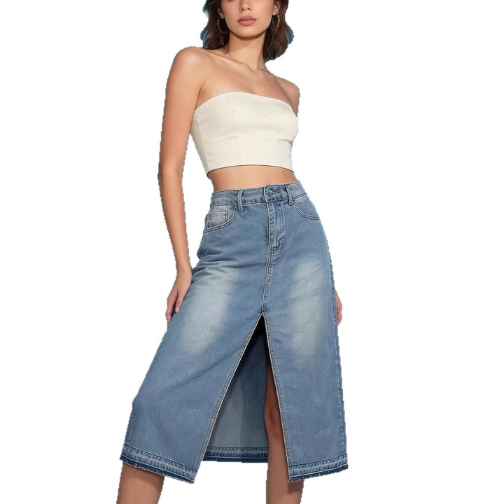 Damen Midi-Denim-Rock mit hohem Schlitz und fransigem Saum Echo Archiv