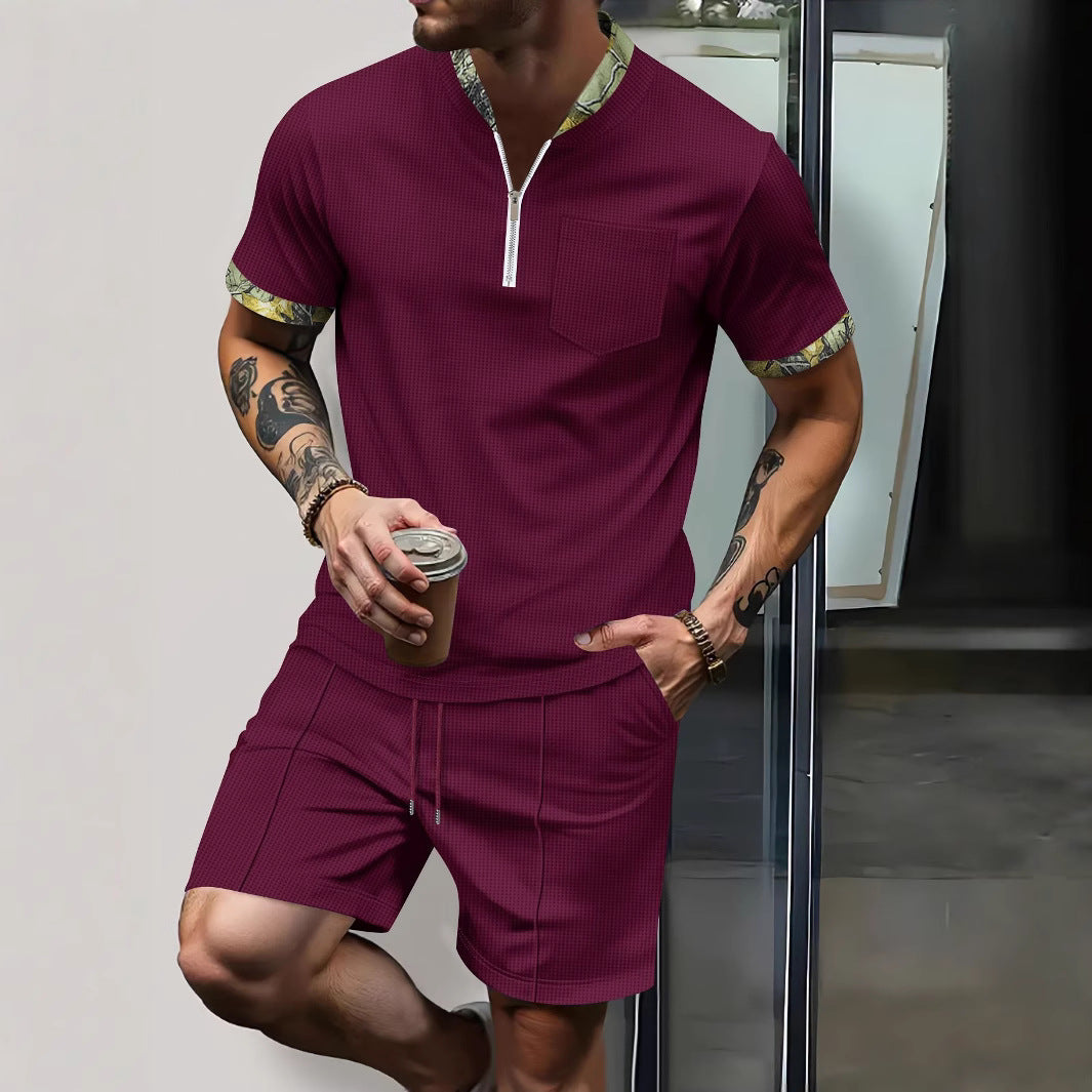 Herren modisches Kurzarm-Set mit stylischem Reißverschluss und kontrastierenden Ärmeln Echoarchiv