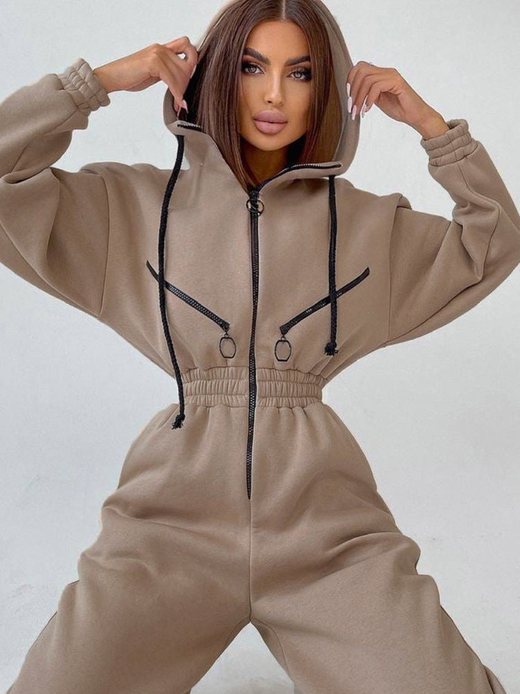 Damen Taillierter Kapuzen-Sweat-Jumpsuit mit Reißverschluss und elastischem Taillenbund – Solévia