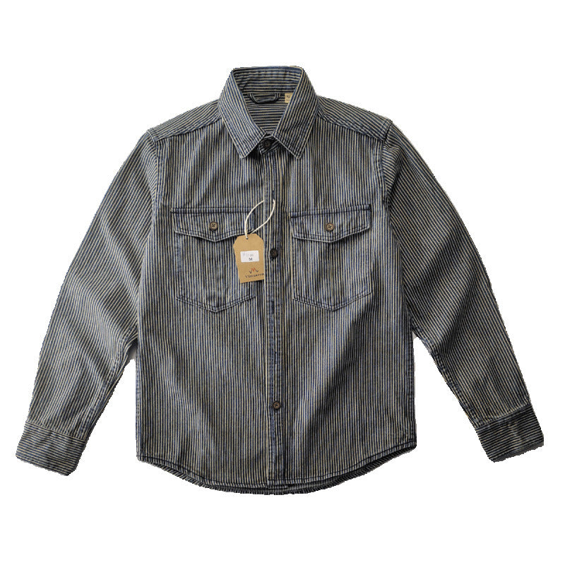 Herren Leichte gestreifte Denim-Worker-Hemdjacke mit aufgesetzten Pattentaschen Echoarchiv
