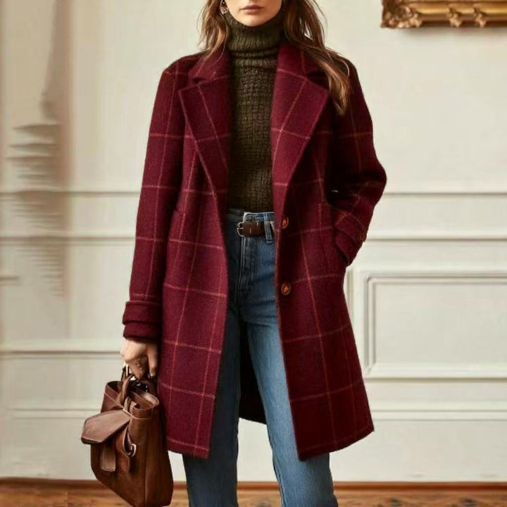 Damen nan karierter Wollmix Mantel mit Reverskragen, aufgesetzten Taschen und taillierter Silhouette Echo Archiv