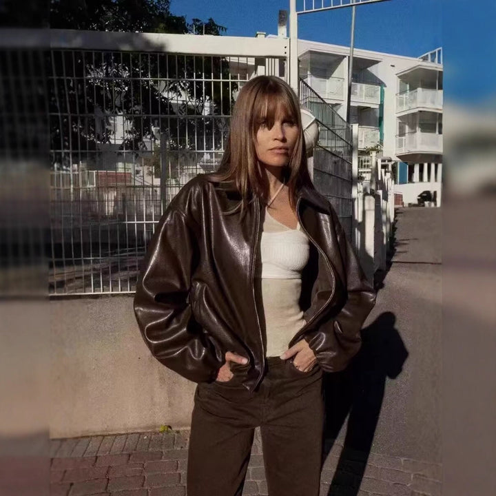 Damen Oversize Kunstleder Blouson mit Reißverschluss und elastischem Saum Echo Archiv