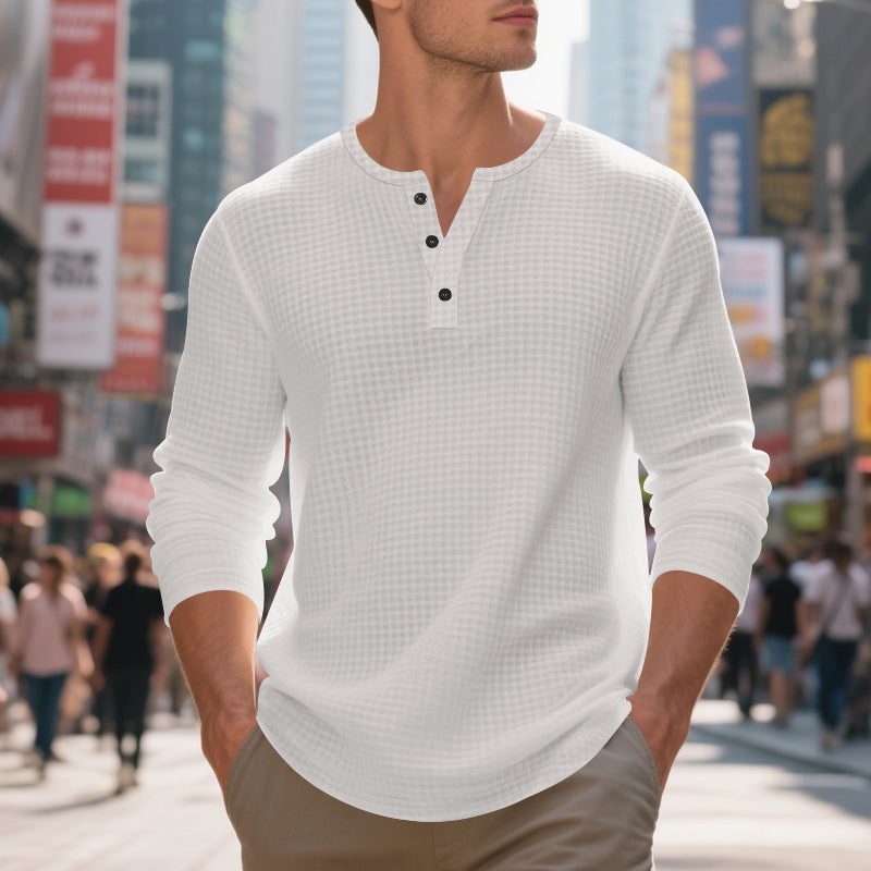 Herren Langarm Henley-Shirt aus atmungsaktivem Waffelmaterial mit dekorativen Knöpfen Echoarchiv