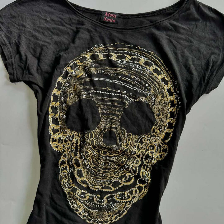Damen T-Shirt mit schickem Skelettmotiv und Glitzerakzenten Echo Archiv