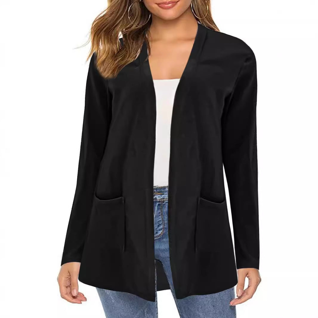 Damen Langer Offener Feinstrickcardigan mit Eingrifftaschen und dezentem V‑Ausschnitt – Veloura