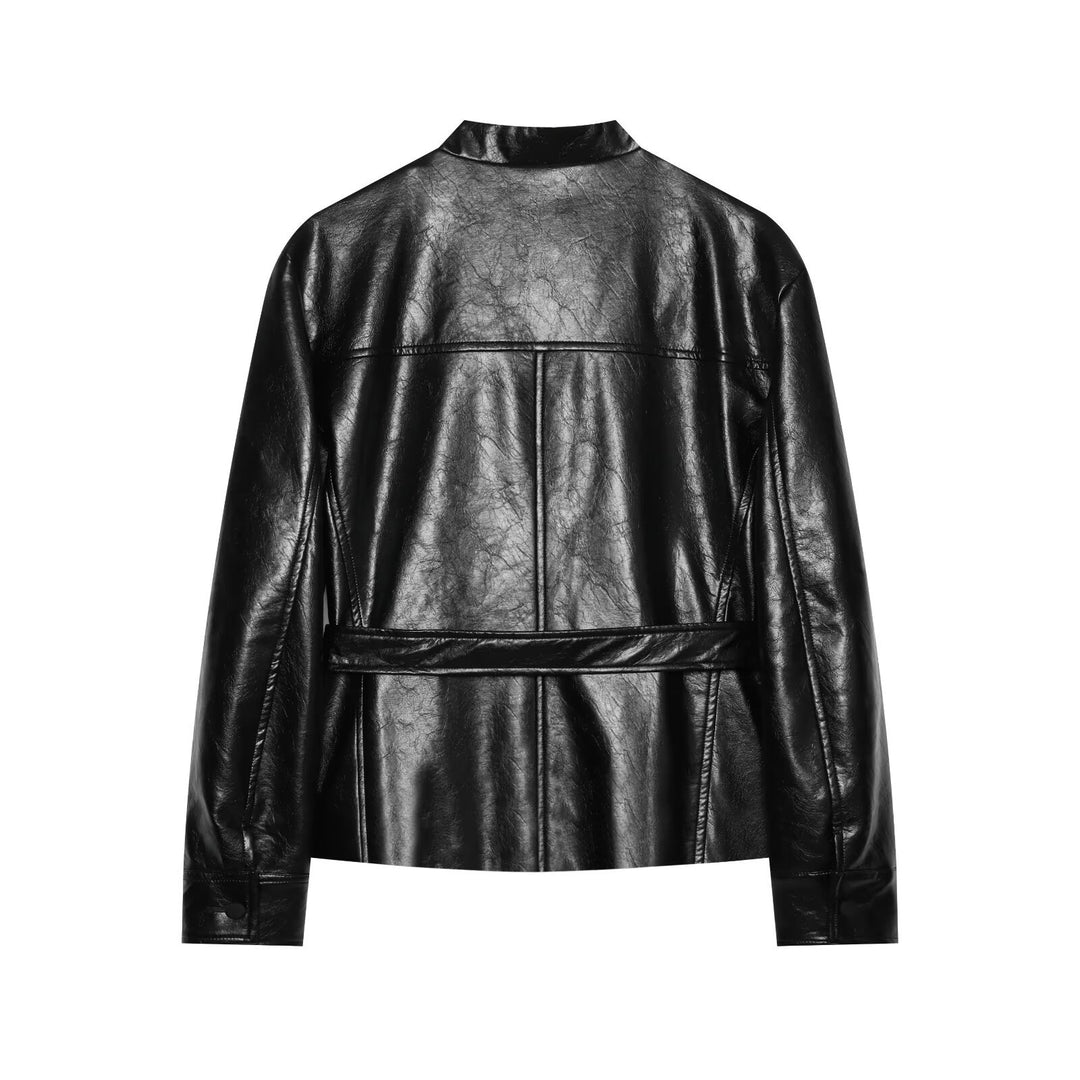 Damen Taillierter Kunstleder-Blouson mit Bindegürtel und Pattentaschen Echo Archiv