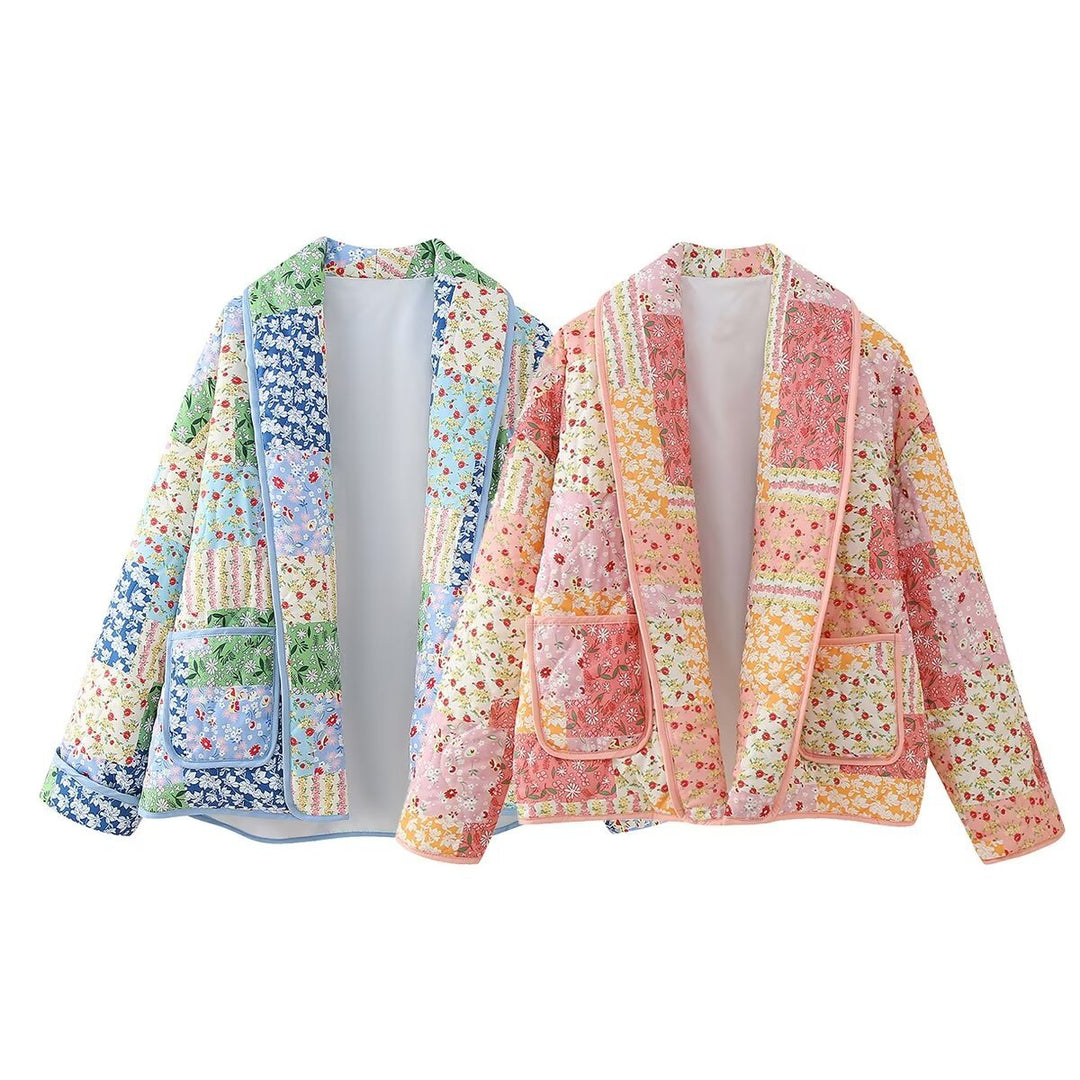 Damen nan gesteppte Patchwork-Quiltjacke mit Reverskragen und aufgesetzten Taschen Echo Archiv