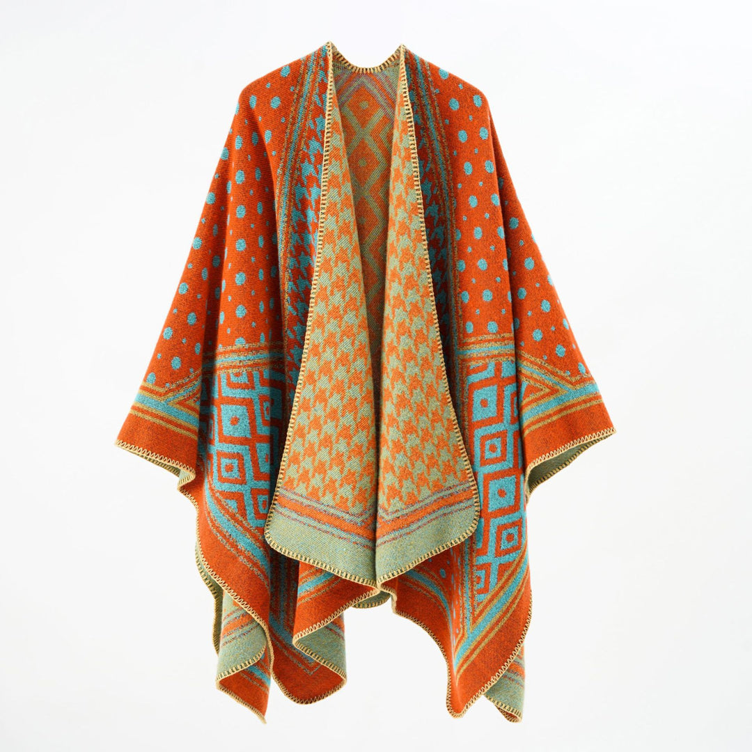Damen Gewebter Jacquard‑Capeponcho mit Hahnentritt‑ und Ornamentmix Echo Archiv
