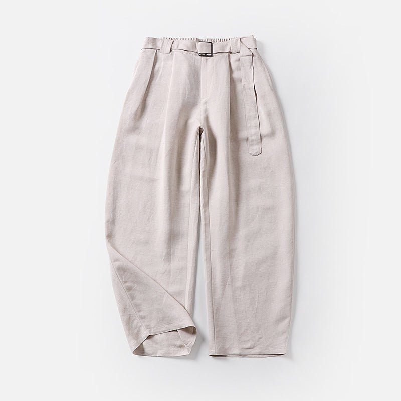 Damen Hochtaillierte Leinen-Baumwoll Bundfaltenhose mit Bindegürtel und tapered Bein Echoarchiv