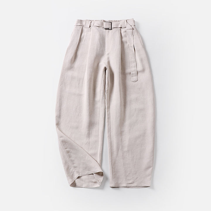 Damen Hochtaillierte Leinen-Baumwoll Bundfaltenhose mit Bindegürtel und tapered Bein Echoarchiv
