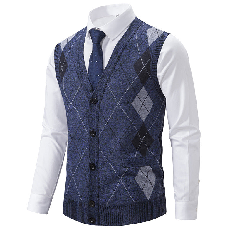 Herren nan ärmellose Strickweste mit Argyle-Muster, Teddyfutter und durchgehender Knopfleiste Echo Archiv