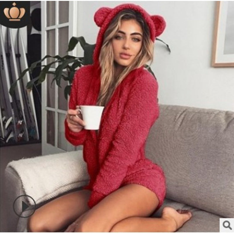 Damen Kuscheliger Teddy-Playsuit mit Kapuze und Bärenohren Echo Archiv