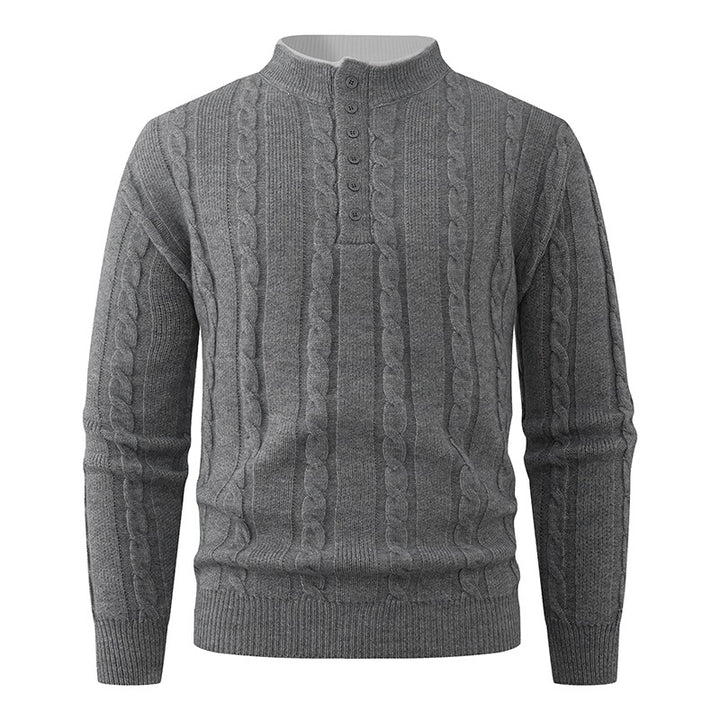 Herren Strukturierter Zopfstrick-Pullover mit Knopfleiste und Stehkragen Echo Archiv