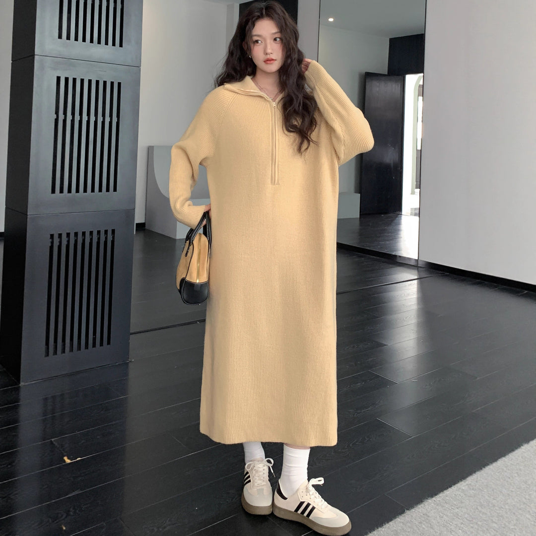 Damen Geripptes Kapuzen-Strickmaxikleid mit halbem Reißverschluss und weitem Fall Echoarchiv
