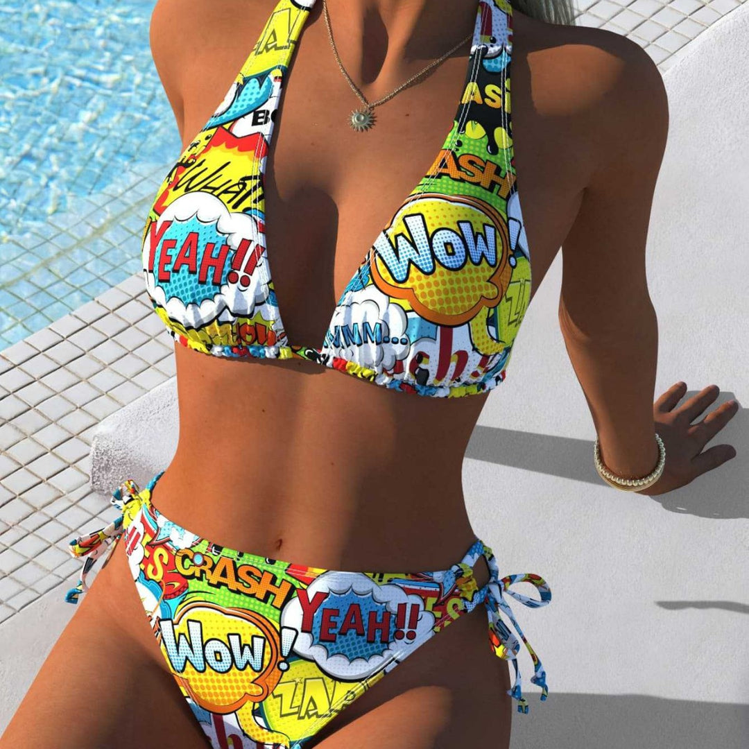 Damen Triangel-Bikini mit kreativem Comic-Print und verstellbaren seitlichen Bindebändern Echo Archiv