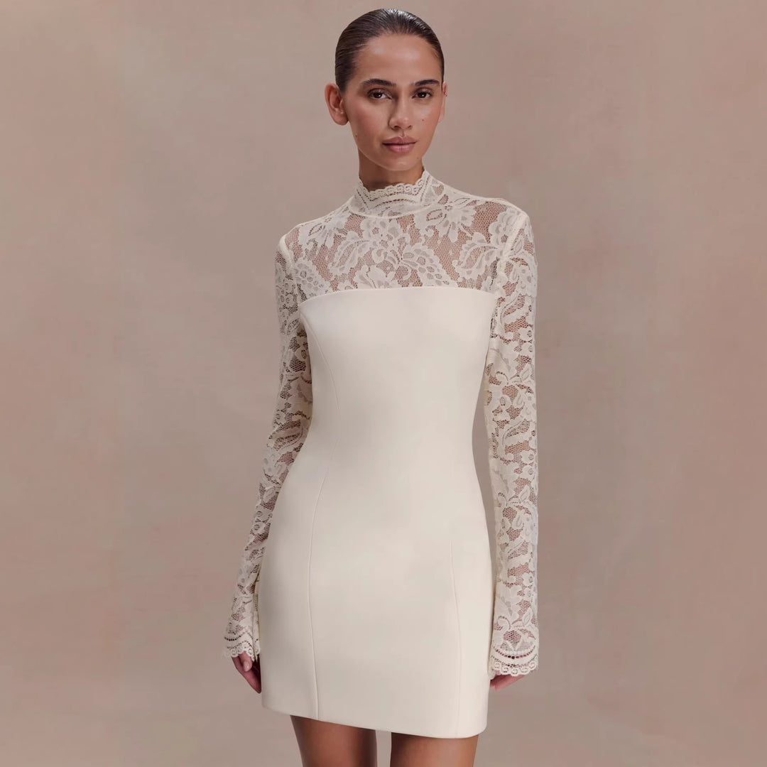 Damen Elegantes Minikleid mit Spitzenoberteil und hochgeschlossenem Kragen Echo Archiv