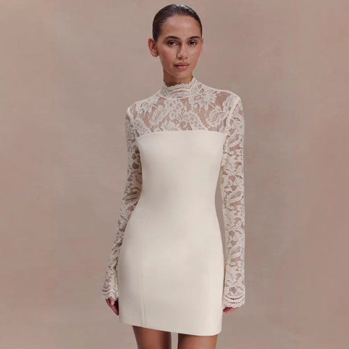 Damen Elegantes Minikleid mit Spitzenoberteil und hochgeschlossenem Kragen Echo Archiv