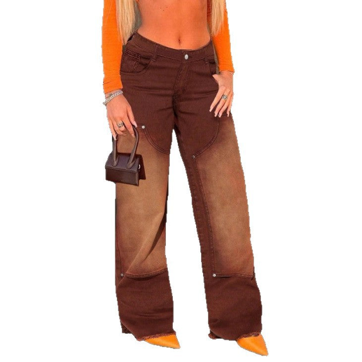 Damen weite Patchwork-Jeanshose mit hoher Taille und ausgefranstem Saum Echo Archiv