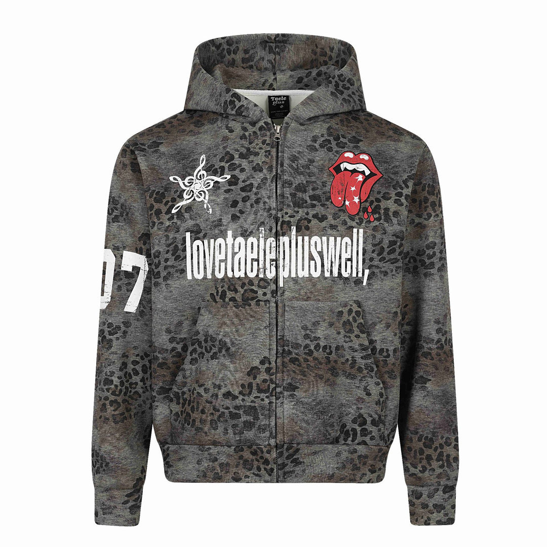 Damen Kapuzenjacke mit durchgehendem Reißverschluss, Leoparden-Print und großflächigen Grafik-Prints Echoarchiv