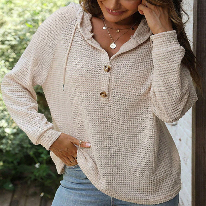 Damen Waffelstrick Kapuzenpullover mit Knopfleiste und Rüschenkragen Echoarchiv