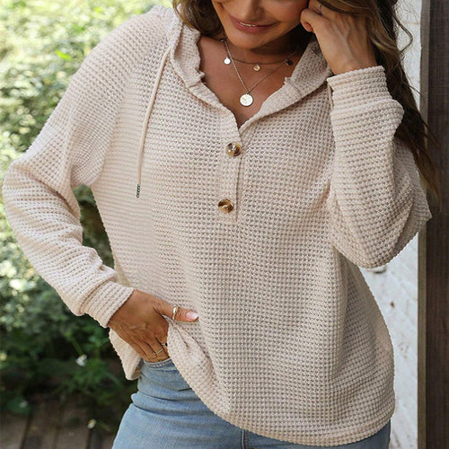 Damen Waffelstrick Kapuzenpullover mit Knopfleiste und Rüschenkragen Echoarchiv