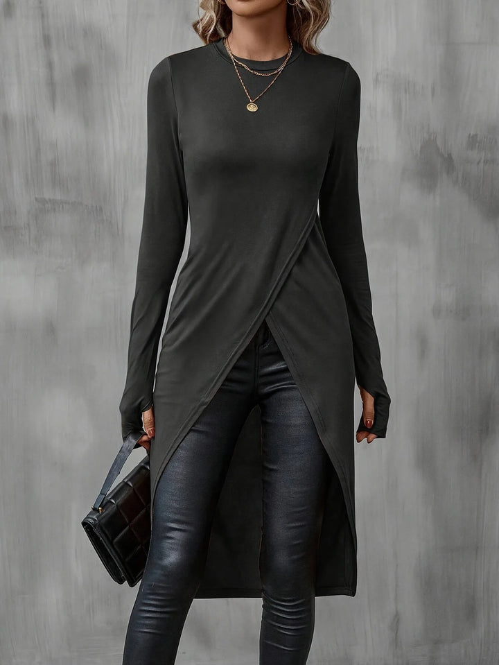 Damen Langes asymmetrisches Wickel-Tunika-Top mit Frontschlitz – Avérine