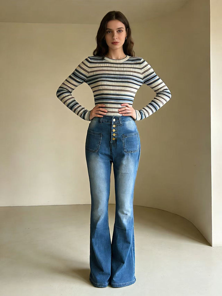 Damen Flared Jeans mit Knopfdetail und hohem Bund Echo Archiv