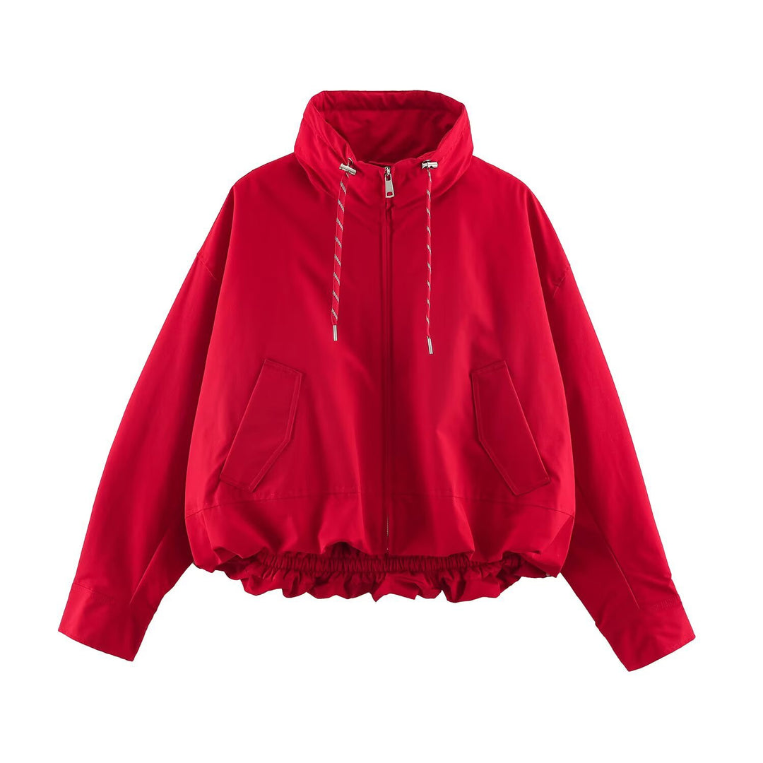 Damen Cropped Oversize Windbreaker mit hohem Funnelkragen, Kordelzug und gerafftem Elastikbund Echoarchiv