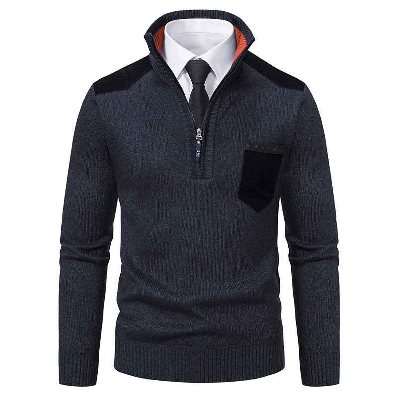 Herren nan Feinstrick-Halbzip-Pullover mit Stehkragen, Brusttasche und Schulterbesatz Echo Archiv