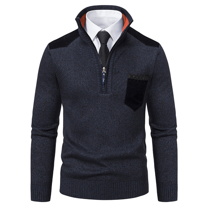 Herren nan Feinstrick-Halbzip-Pullover mit Stehkragen, Brusttasche und Schulterbesatz Echo Archiv