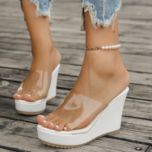 Damen nan transparente Mules mit PVC-Deckriemen, hohem Keilabsatz und rutschfester Laufsohle Echo Archiv