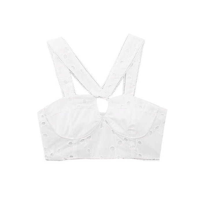 Damen Brokat-Crop-Top mit elegantem Ausschnitt und verzierten Trägern Echo Archiv