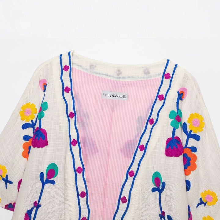 Damen Bestickter Kimono-Blouson mit Tunnelzug und floraler Stickerei Echo Archiv