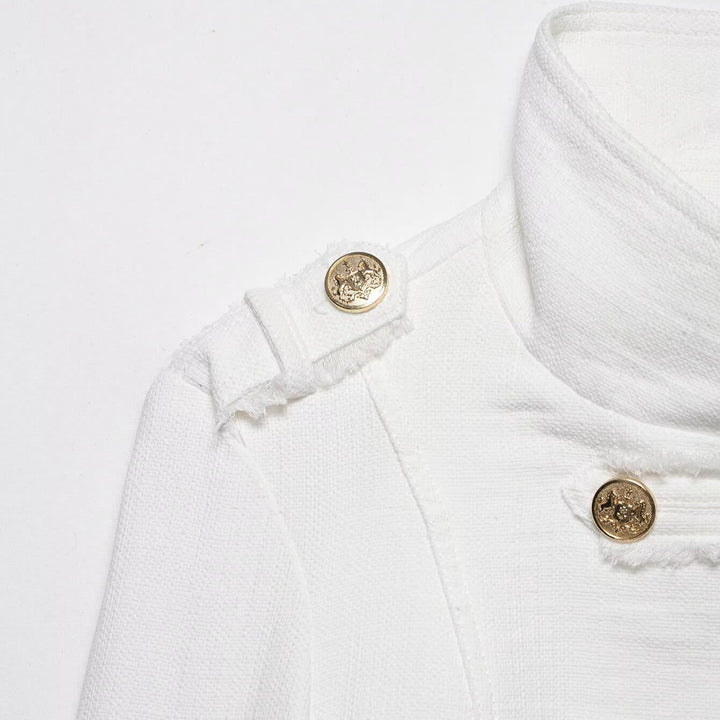 Damen Kurzjacke im Marine‑Stil mit doppelreihiger Zierknopfleiste und Stehkragen Echoarchiv