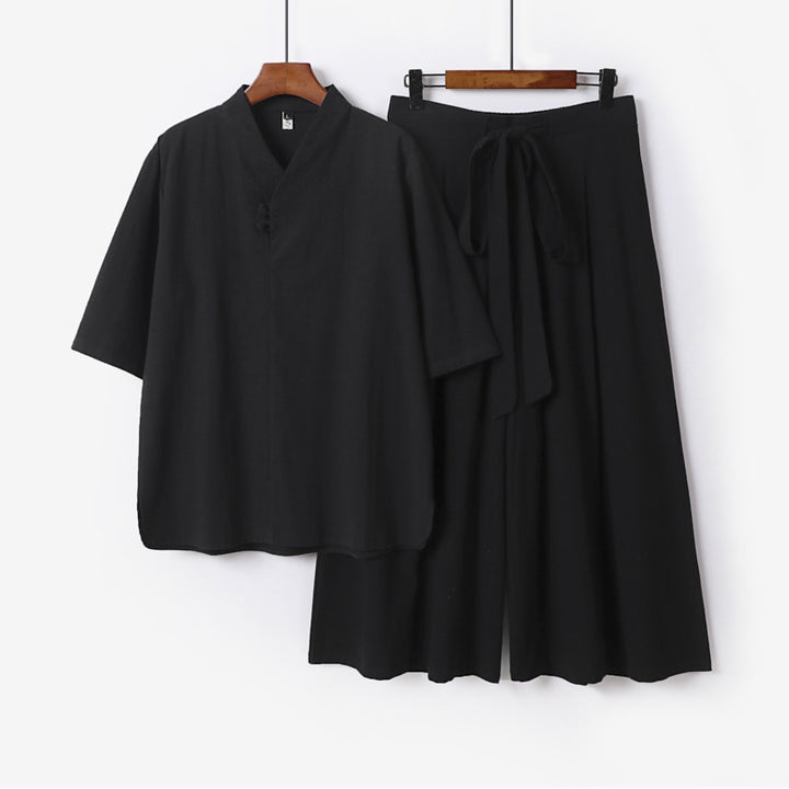 Unisex Zweiteiliges Kimono-Lounge-Set mit Stehkragen Kurzarmtop und weiter Bindbundhose Echoarchiv
