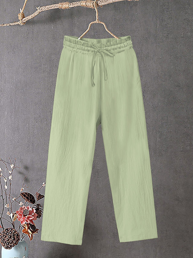 Damen Crinkle Leinenmischung Hose mit elastischem Kordelzug, gerade Beinform und lässiger Passform – Avélisse