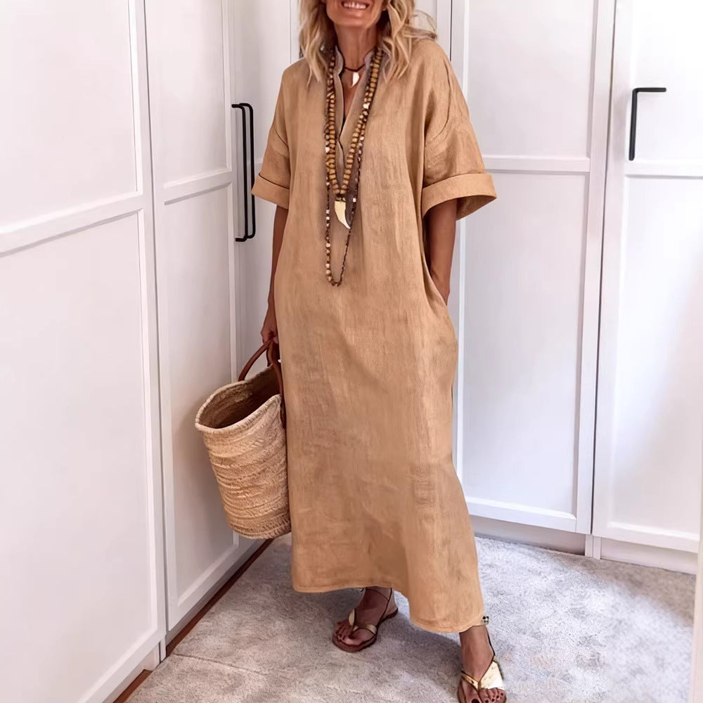 Damen Leinen Maxikleid mit V-Ausschnitt und praktischen Taschen Echo Archiv