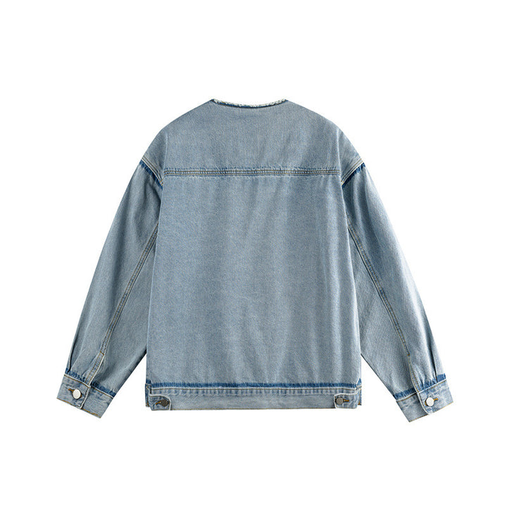 Herren Oversize-Denimblouson ohne Kragen mit rohem Halsausschnitt und Pattentaschen Echoarchiv