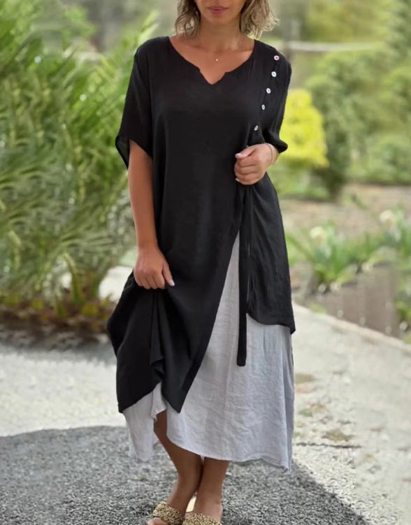 Damen nan zweilagiges Hemdkleid mit asymmetrischem Lagenrock, seitlicher Zierknopfleiste und Tunnelzug Echo Archiv