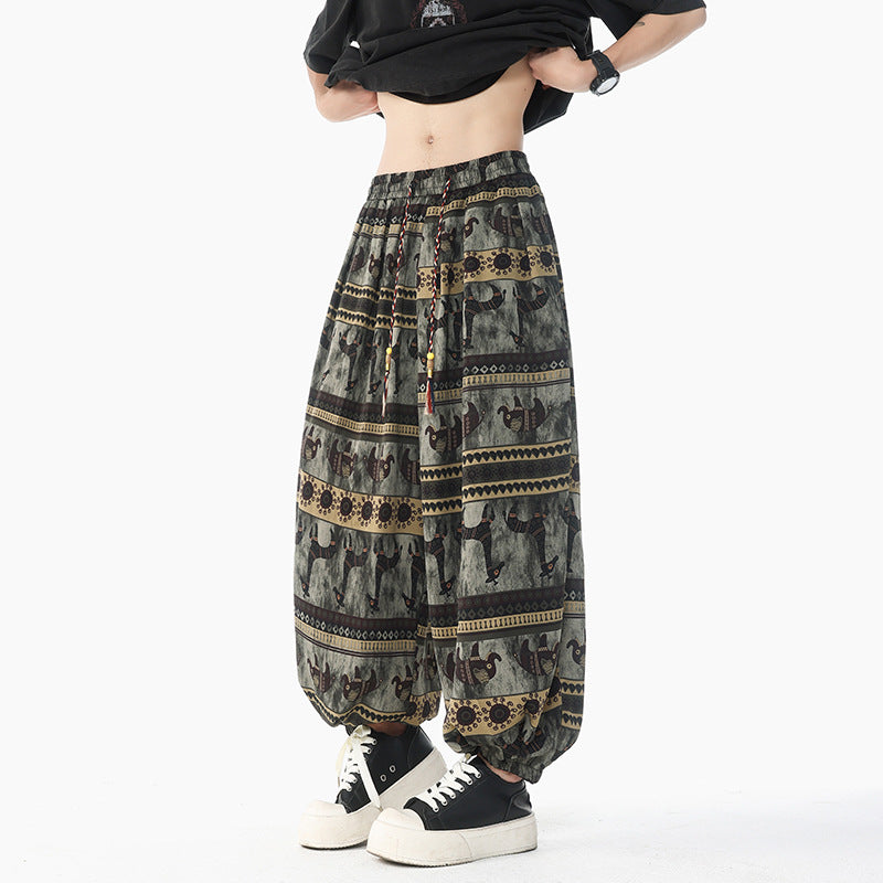 Damen Weite Boho-Haremshose aus Baumwollmix mit elastischem Bund und Ethno-Print Echo Archiv