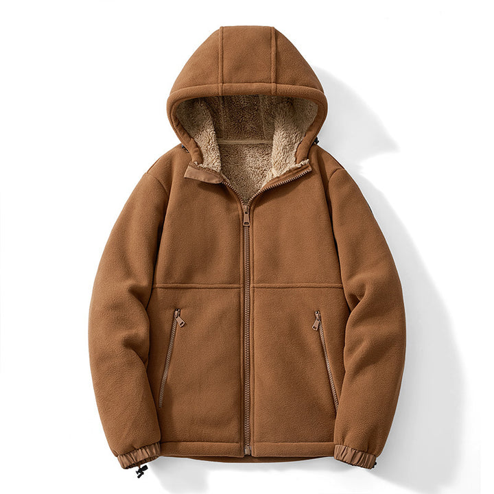 Herren Kapuzen-Fleecejacke mit Teddy-Innenfutter, durchgehendem Reißverschluss und winddichten Bündchen Echoarchiv