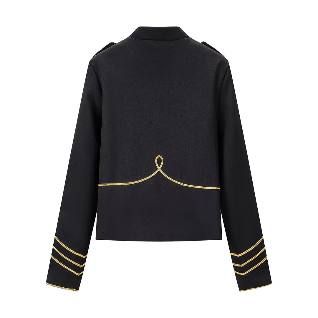 Damen kurz geschnittene Paradejacke mit goldverzierten Galons, Epauletten und Stehkragen – Célinea