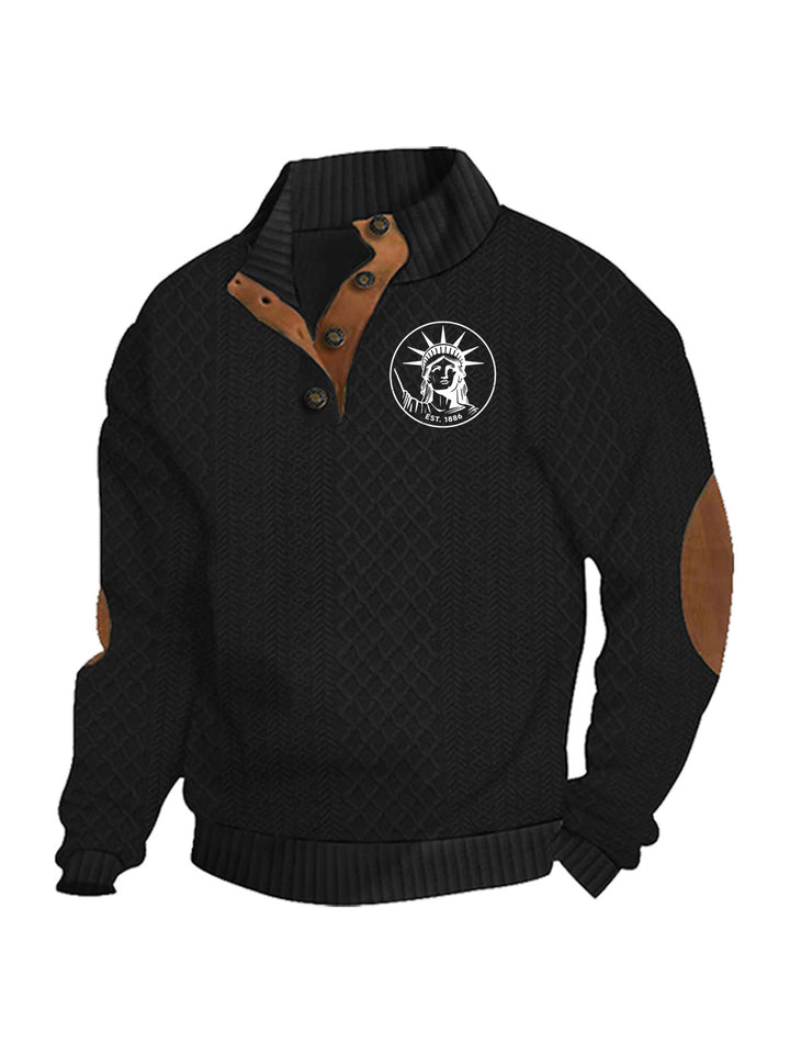 Herren nan Heritage-Strukturpullover mit Stehkragen Lederimitat-Besatz Ellenbogen-Patches und Halbknopfleiste Echo Archiv