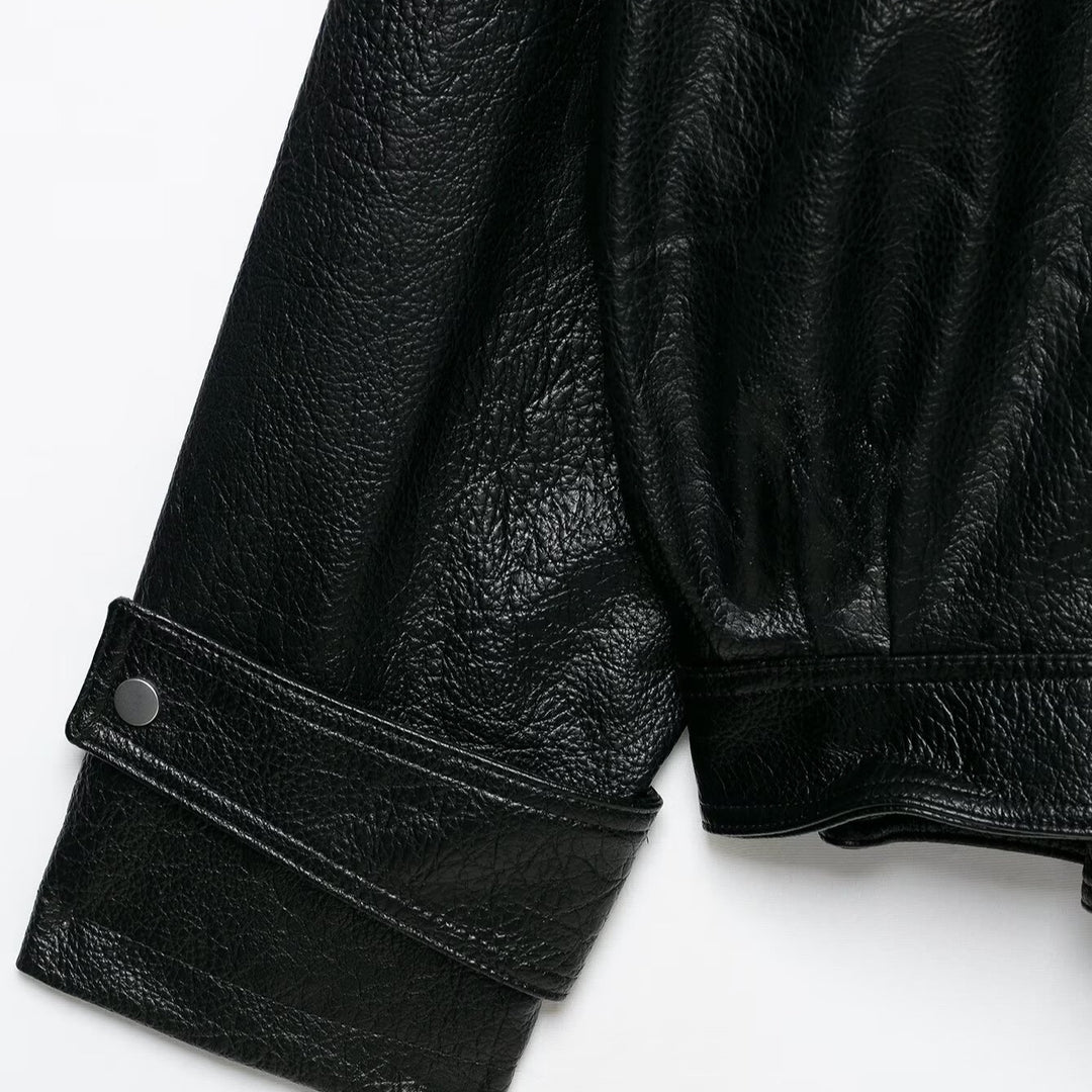 Damen Oversized Kunstlederjacke mit hohem Stehkragen und Zipper-Taschen Echoarchiv