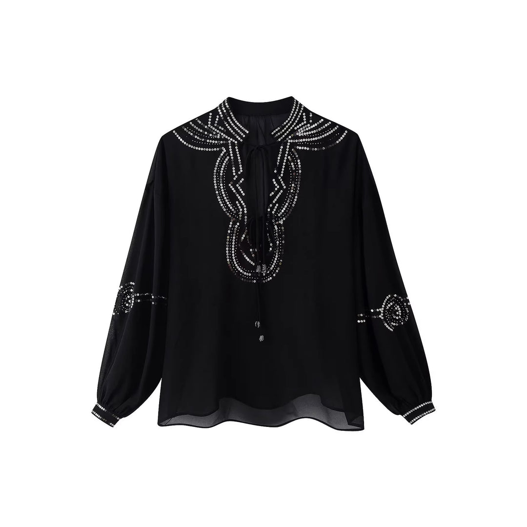 Damen Chiffonbluse mit Paillettenbesatz, Ballonärmeln und Bindekragen Echo Archiv