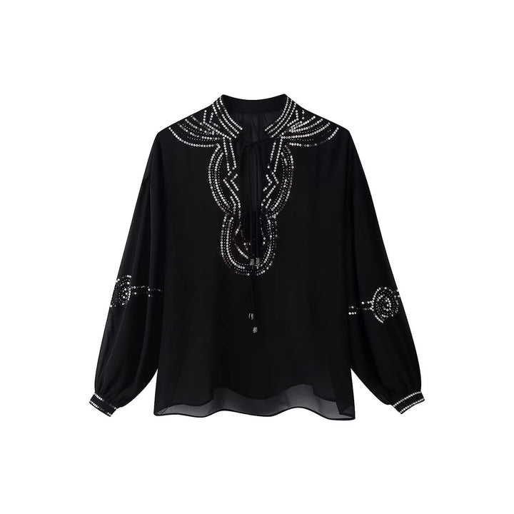 Damen Chiffonbluse mit Paillettenbesatz, Ballonärmeln und Bindekragen Echo Archiv